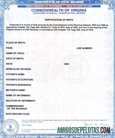 Certidão de nascimento da Comunidade da Virgínia dos Estados Unidos modelo